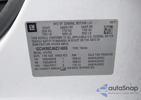 2017 Chevrolet Silverado 1500 2Lt z USA, uszkodzony, nr VIN 1GCVKREC4HZ314068